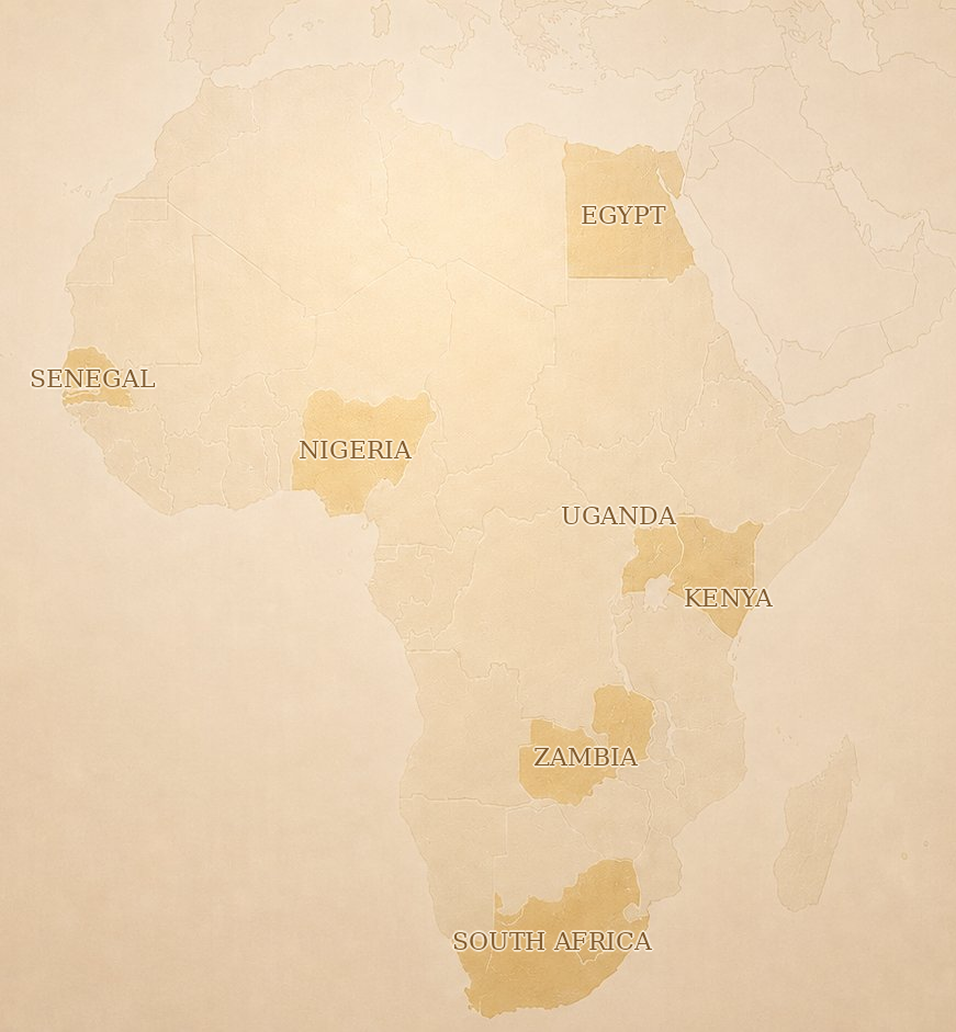Map of Africa highlighting Mavas Legacy investment experience in Senegal, Nigeria, Egypt, Uganda, Kenya, Zambia and South Africa.